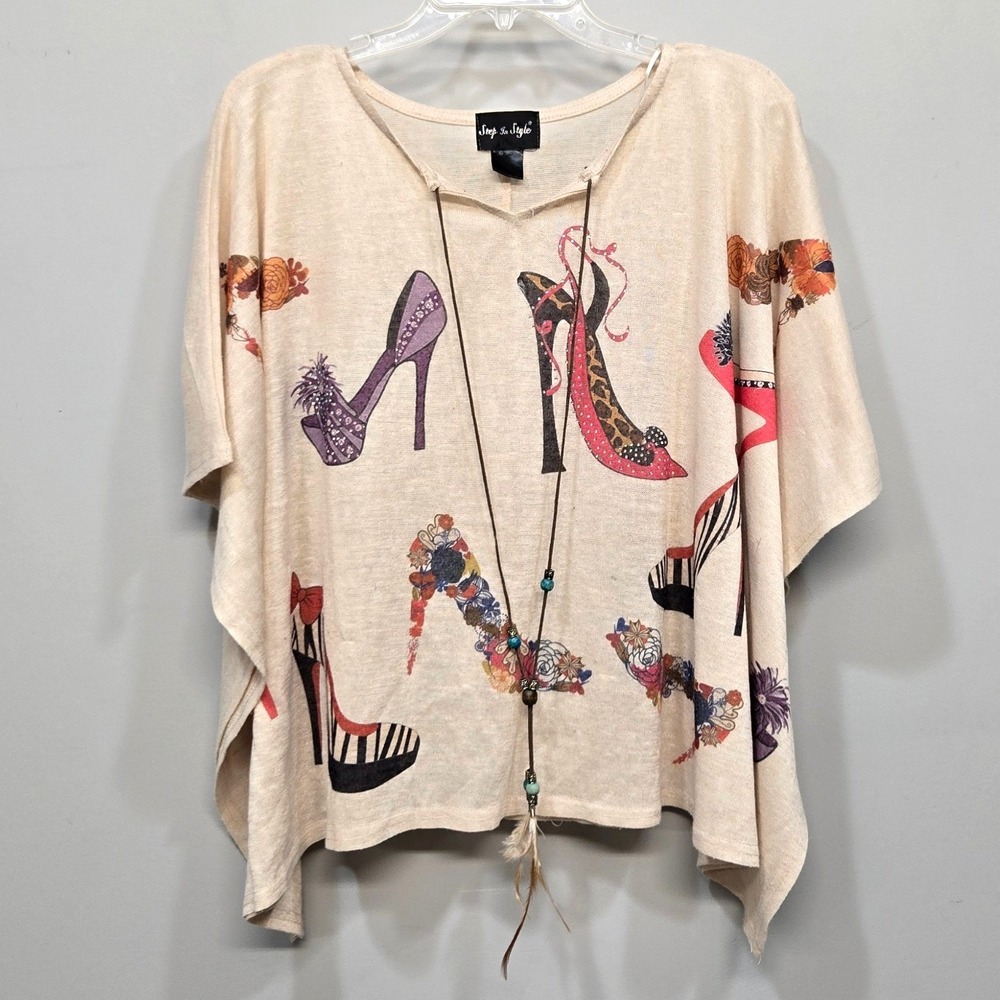 Vintage Y2K‎ Step In Style Poncho Top XL Beige High Heel Graphic Rhinestone Boho